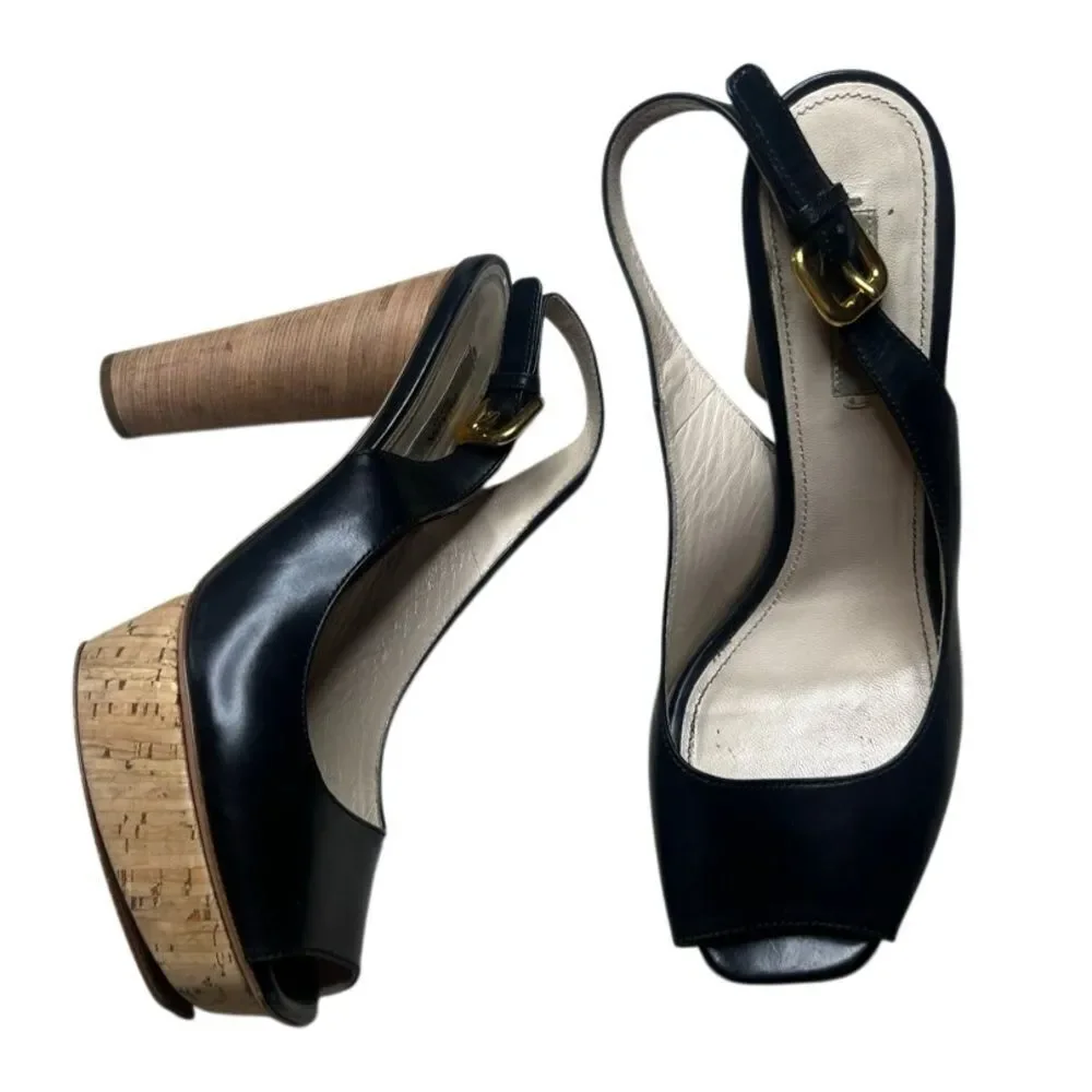 VINTAGE Unique Prada Black and Tan Platform Sling backs Size 38